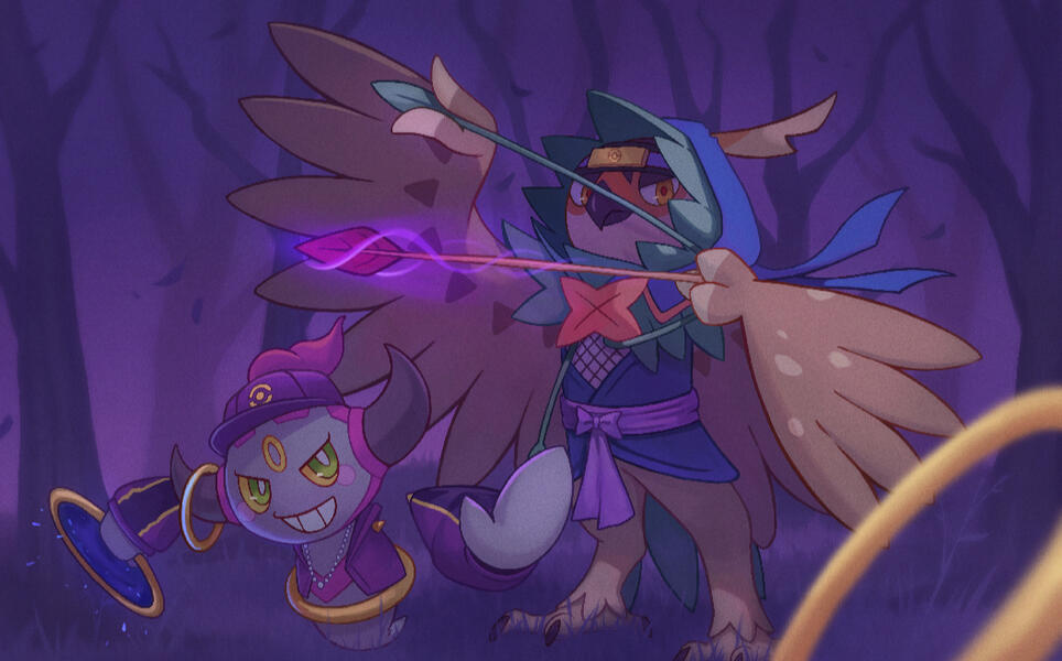 Illustration of the Pokemon Hoopa and Decidueye in their Pokemon Unite holowear in a forest.