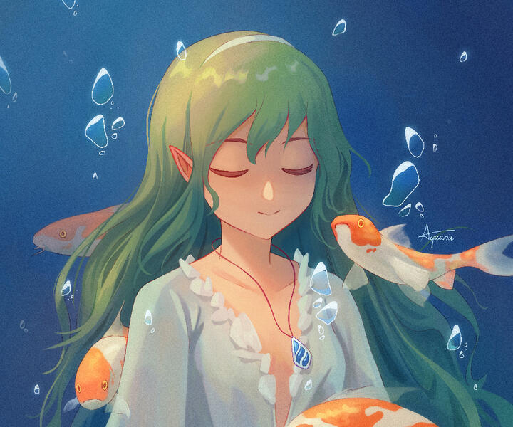 Illustration of an elf girl underwater with koi fish swimming around her.
