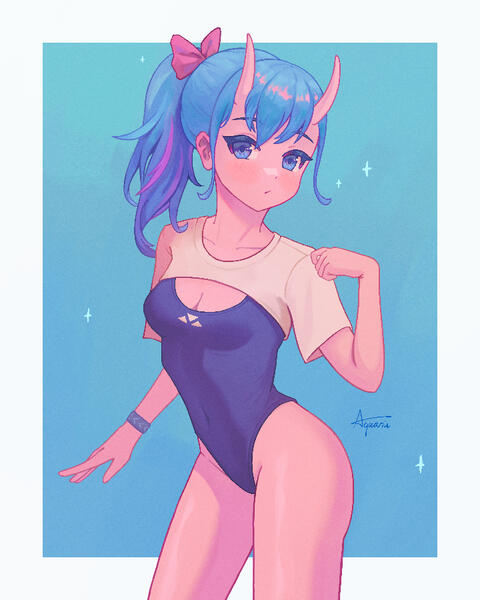 Illustration of my OC, Lyra, a blue-haired oni girl.