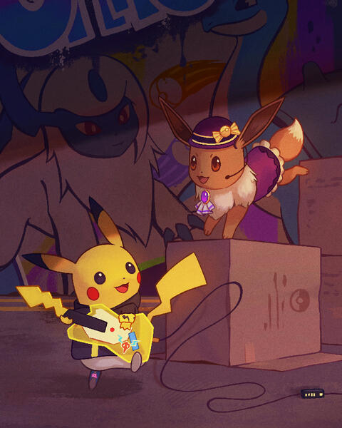 Illustration of the Pokemon Pikachu and Eevee in their Pokemon Unite holowear performing.