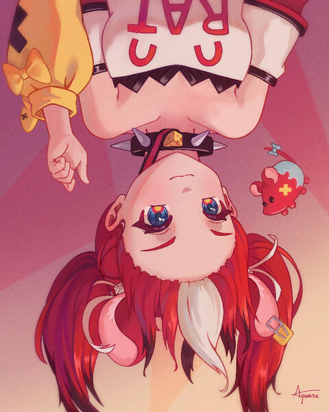 Illustration of the Hololive EN VTuber Hakos Baelz upside-down.